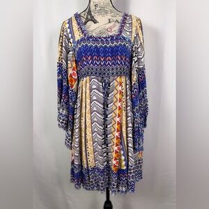 Freeway Vibrant Blue Bohemian Multi Pattern Long Flutter Sleeve Dress size M